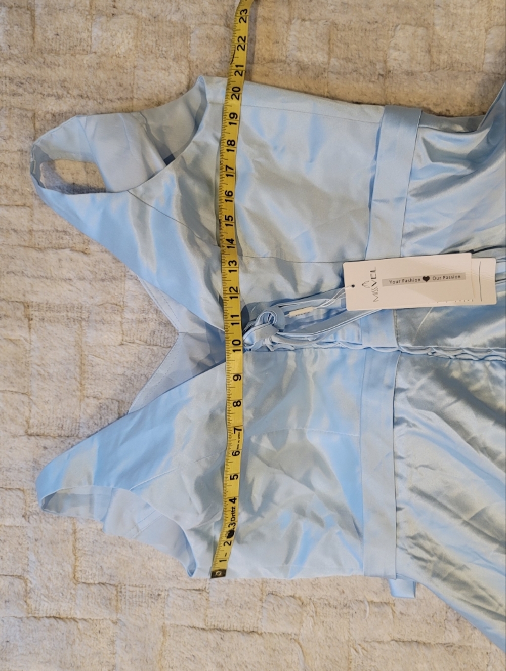 NWT MISS VEIL V Neck Satin Light Blue Gown Corseted Waist Tie Size 16 - Picture 7 of 12